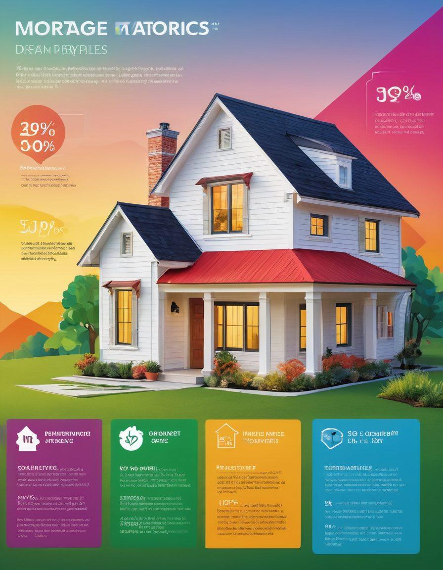 A visually compelling infographic showcasing various mortgage options, with a picturesque dream property in the background. Include elements like percentage rates, comparison charts, and key tips on securing a mortgage. Use bright colors and an inviting layout to enhance readability. Incorporate icons for houses and money. modern vector art. vibrant colors.