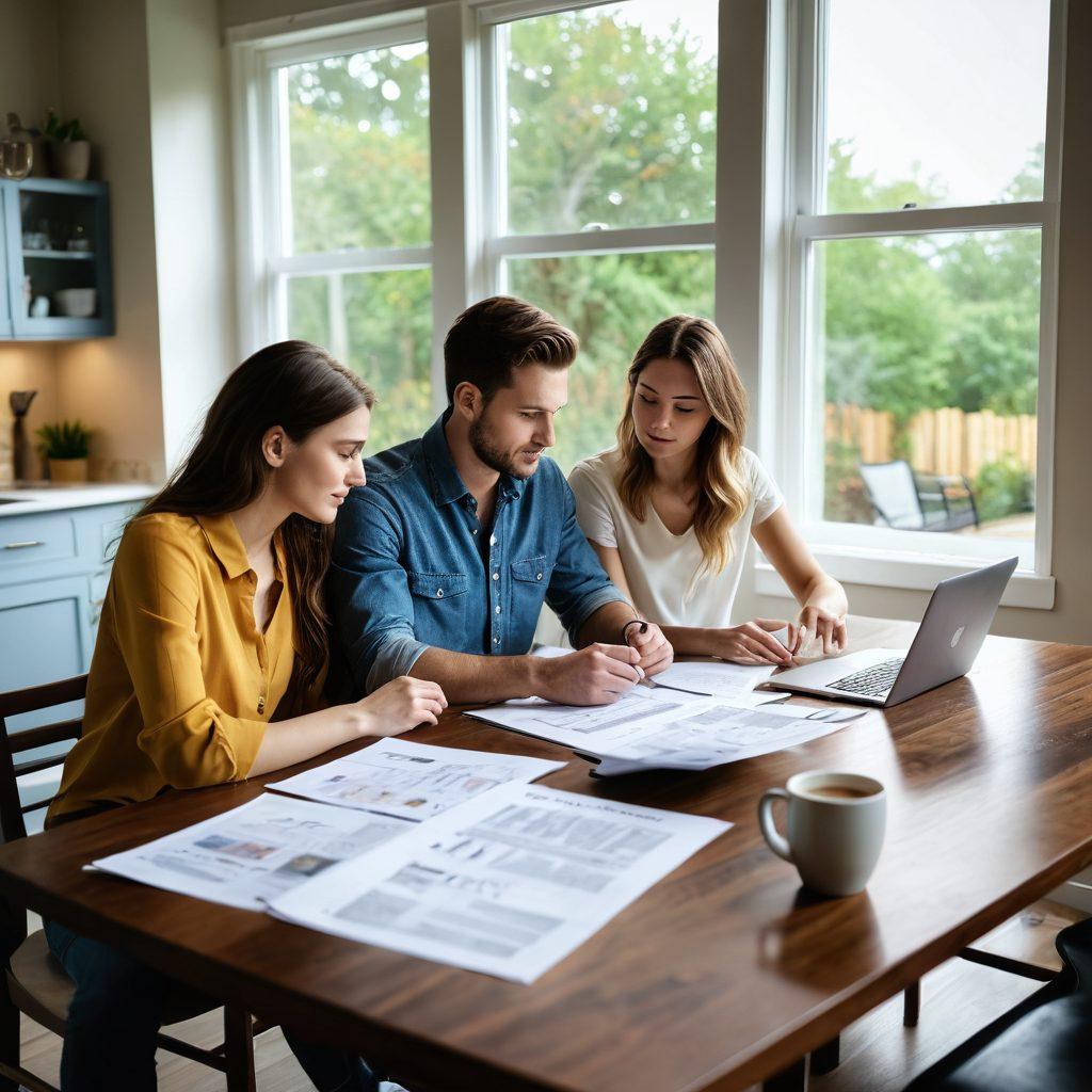 A serene scene of a young couple sitting at a modern dining table, reviewing various loan documents and options laid out in front of them, while a beautiful house blueprint is displayed on a laptop. Natural light filters through a large window, casting soft shadows, depicting the excitement and contemplation of future homeowners. Include elements like coffee cups and a stylish notebook. super-realistic. vibrant colors. warm and inviting atmosphere.