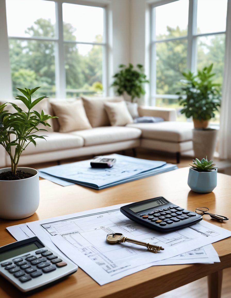 A cozy modern living room with a key prominently placed on a table, symbolizing unlocking dreams. In the background, a blueprint of a house and a calculator indicating mortgage calculations. Soft natural light filtering through large windows, plants adding a touch of warmth. The scene should evoke a sense of calm and aspiration. super-realistic. vibrant colors. white background.